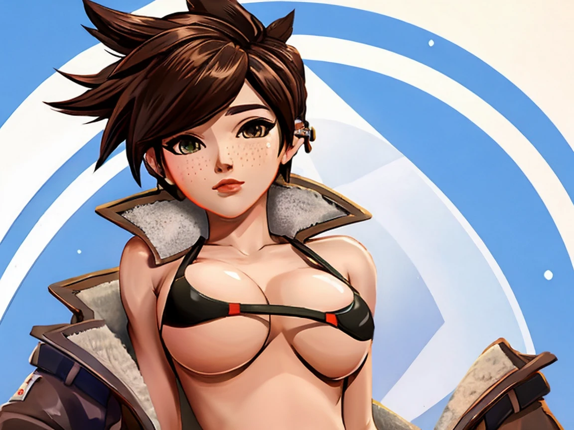 VHS cover for a porn starring tracer. hoop-earings. biting her lip. young, naked. nude. slut. small_boobs, nipples, pussy,  body, huge ass, freckles. pornstar nsfw