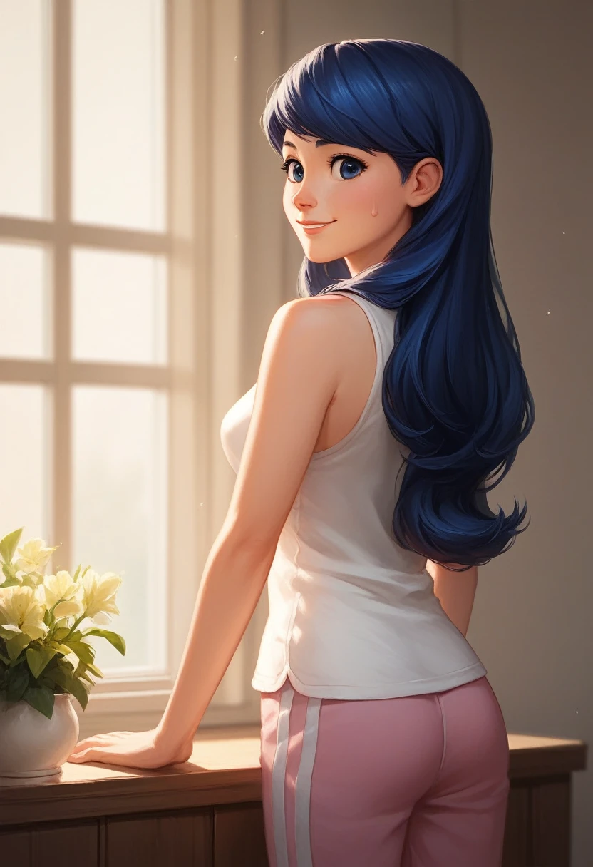 (8k, RAW photo, best quality, masterpiece:1.2), (intricate details), perfect eyes, perfect face, perfect lighting, beautiful, (masterpiece:1.2), (best quality:1.2), 1girl, solo, marinette, blue hair, ((long hair down)), adult torso, 17 years old, slight smile, medium sized breasts, (white sleeveless shirt, pink sweatpants), cowboy shot, 3DMM from behind