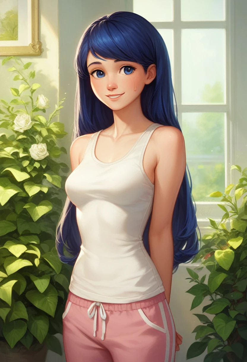 (8k, RAW photo, best quality, masterpiece:1.2), (intricate details), perfect eyes, perfect face, perfect lighting, beautiful, (masterpiece:1.2), (best quality:1.2), 1girl, solo, marinette, blue hair, ((long hair down)), adult torso, 17 years old, slight smile, medium sized breasts, (white sleeveless shirt, pink sweatpants), cowboy shot, 3DMM from behind