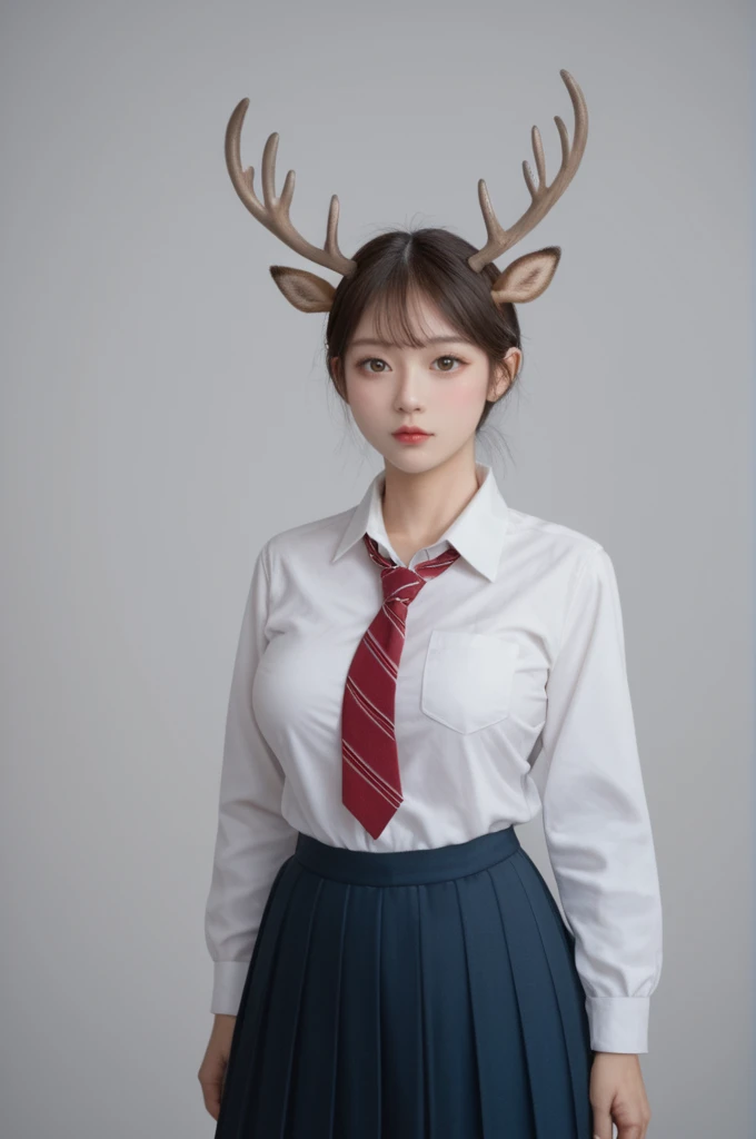 realistic,score_9, score_8_up, score_7_up,
1girl, solo, cowboy_shot, simple background, big breasts, Deer antler hairpin,Dynamic lens,Dynamic Action, Girls' high school uniform,Double tail hairs,