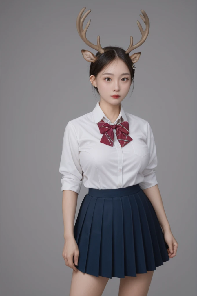 realistic,score_9, score_8_up, score_7_up,
1girl, solo, cowboy_shot, simple background, big breasts, Deer antler hairpin,Dynamic lens,Dynamic Action, Girls' high school uniform,Double tail hairs,