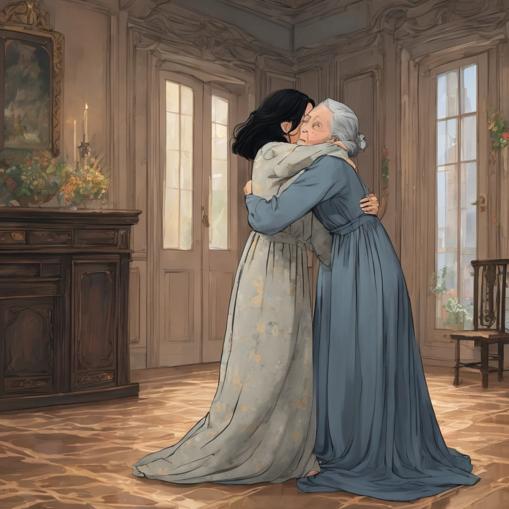 The place is in a castle, Specifically, in the dining room on the floor, a young woman with wavy black hair who is wearing a nightgown cries while an elderly woman with short gray-brown hair hugs her while comforting her.