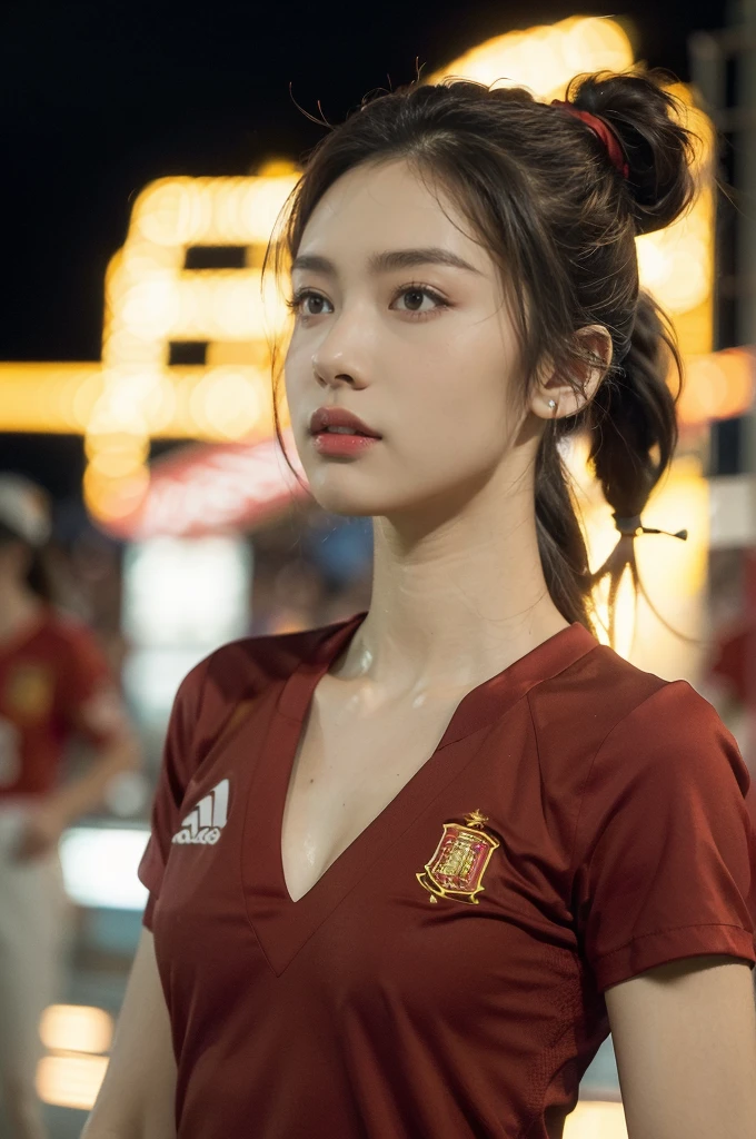 (((best quality))),(((ultra detailed))),(((masterpiece))),illustration,((1 beautiful girl,female footballer,solo)),((small breasts,flat chest)),((slim,thin)),summer night,stadium,crowded stands,enthusiastic spectators,football match,(short ponytail:1.2),(short sleeves:1.2),((Spain team kit,red shirt,cleavage)),(football:1.3),fluid movements,powerful,sweat,forehead,exhaustion,passion for football,purposeful running,electric atmosphere,crowd roar,critical juncture,pressure,undeterred,floodlights,luminous glow,long shadows,drama,breathtaking sight,raw passion,unbridled energy,determination,skill,embodiment of sport's spirit,strength,resilience of human spirit,(standing:1.3),((from front,close-up of face))