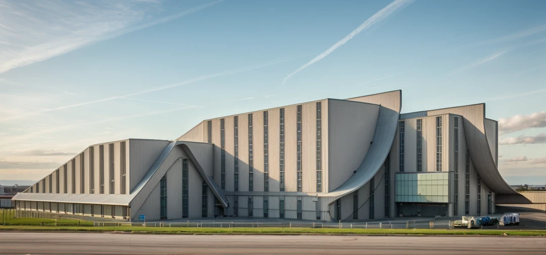 aerial view, master view, grass, day, line, curve, highquality, realistic photo, canon eos 5D mark, [[[architech1904]]], natural light, (realistic: 1.2), sharpen edge, morden building, factory, concrete wall.