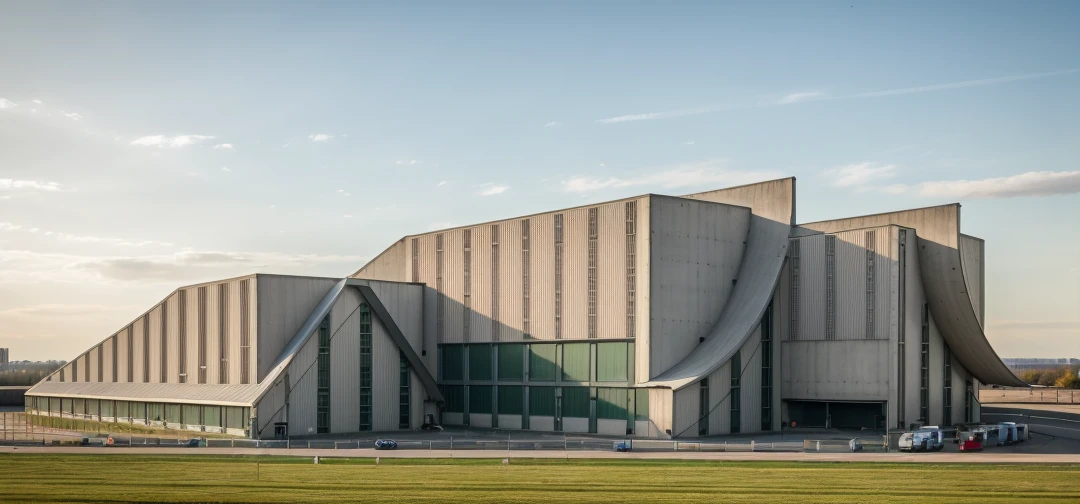 aerial view, master view, grass, day, line, curve, highquality, realistic photo, canon eos 5D mark, [[[architech1904]]], natural light, (realistic: 1.2), sharpen edge, morden building, factory, concrete wall.