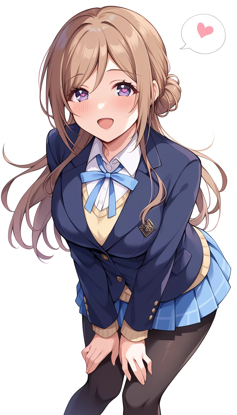16k,score_9, score_8_up, score_7_up, source_anime, rating_safe,super detailed , himesaki rinami,purple eyes,brown hair,hair bun,long hair, , blazer, blue neck ribbon, pleated skirt, black pantyhose, , (heart eyes),(heart in eyes),spoken heart,very cute,open mouth,dutch angle,big breast ,blush,beautiful face,beautiful eyes,details eyes,white background ,(cleavege),leaning forward ,bare cleavege
