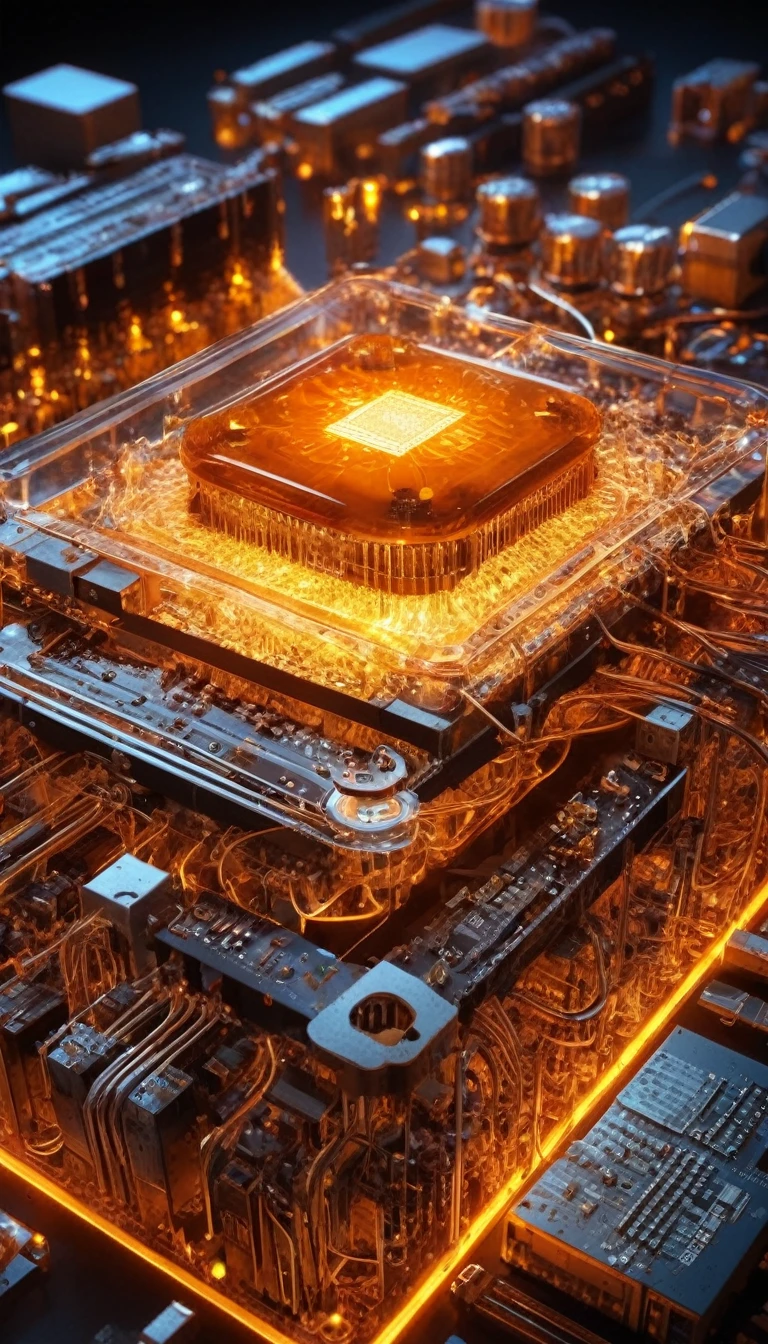 Orange,chip,Product Close-up,Close-up of the Photogram,Rendering,C4D,High-speed flow,3d,ultra-high definition texture details,Large Scale Integrated Circuit,Large-scale CPU cluster,Network Highway,data stream,Special effect,(The emitted light converges in the middle:1.5),container_architecture