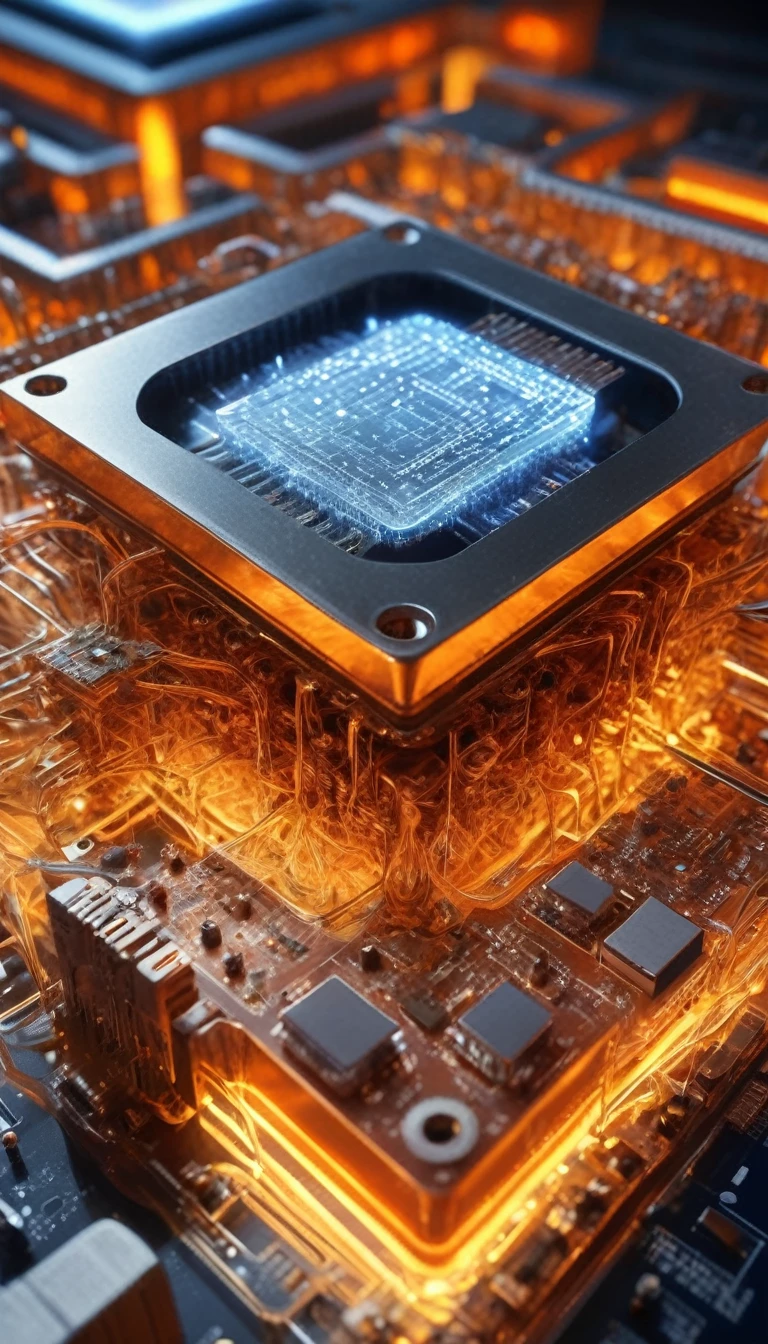 Orange,chip,Product Close-up,Close-up of the Photogram,Rendering,C4D,High-speed flow,3d,ultra-high definition texture details,Large Scale Integrated Circuit,Large-scale CPU cluster,Network Highway,data stream,Special effect,(The emitted light converges in the middle:1.5),container_architecture