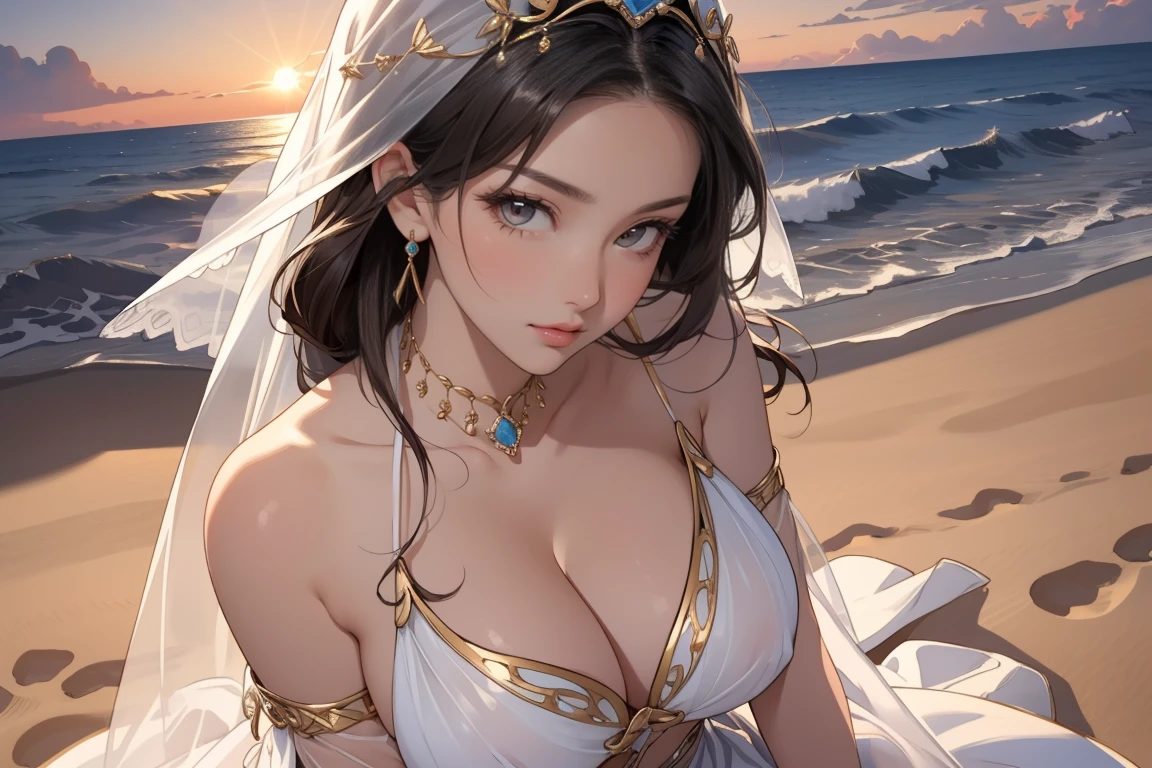 ((Masterpiece, top quality, high resolution)), ((highly detailed CG unified 8K wallpaper)), (huge stunning goddess shot, so hot and sexy, jaw dropping beauty, perfect proportions, beautiful body, slim body beauty:1.3), Desert princess, Arabian Nights scene, fantasy, wearing veil and harem dancer costume, sitting on sand, sunset over desert in background, long dark hair, almond eyes, see-through costume is dominated by wind,