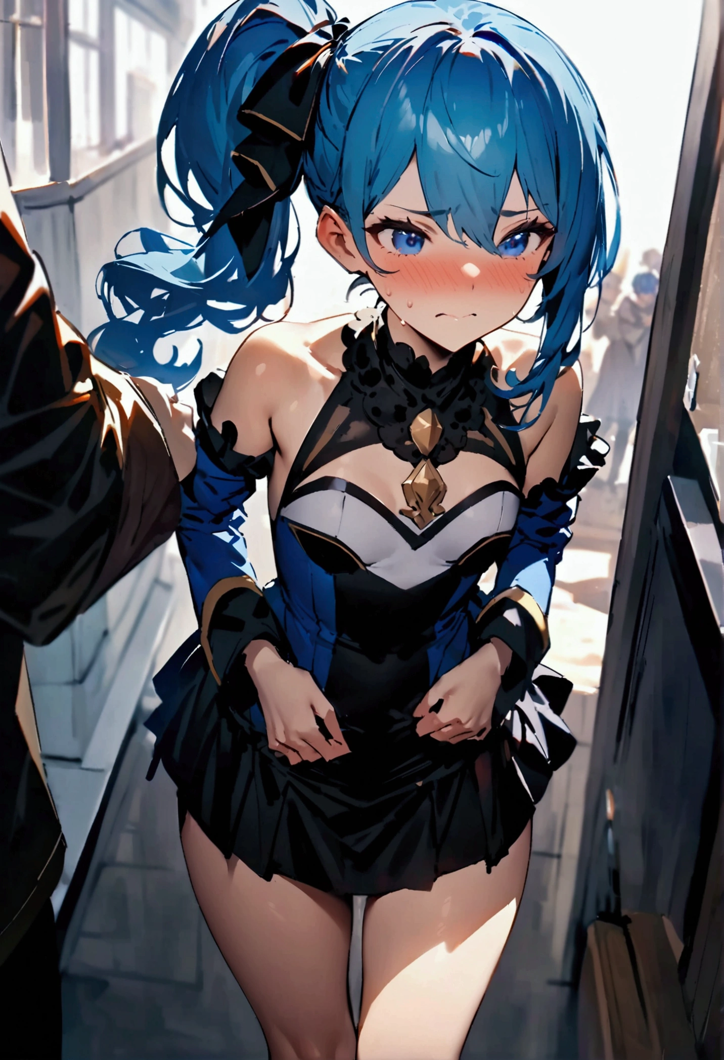 Beware,Masterpiece,Top Quality,High Resolution,Highly Detailed,Star Town Suisei, blue hair, one side ponytail, blue eyes, small breasts, white leotard, detachable sleeves, micro mini skirt, knee high socks, adventurer's guild, reception counter,. Embarrassed,Blushing,Expecting face,(molester),(strong faced man),man puts his hands on her waist and hugs her,Rape,Tattered clothes