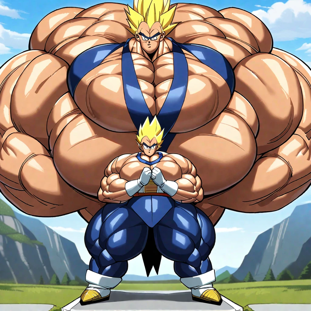 1boy, Vegeta, from Dragon Ball Z, masterpiece, best quality, very aesthetic, absurdres, saiyan, blue eyes, spiked hair, (yellow hair:1.5), standing up, good posture, shirtless, blue skintight pants, white boots with brown tips, white gloves, (huge muscles:3.05), Dragon Ball Z artstyle, in the style of Akira Toriyama, white tiled floor, outdoor, flat-top mountains, full pose, full body shot, (full body in frame:1), (full body:1), straddle stance, arms extended, Extreme Wide Shot, Low Angle Shot