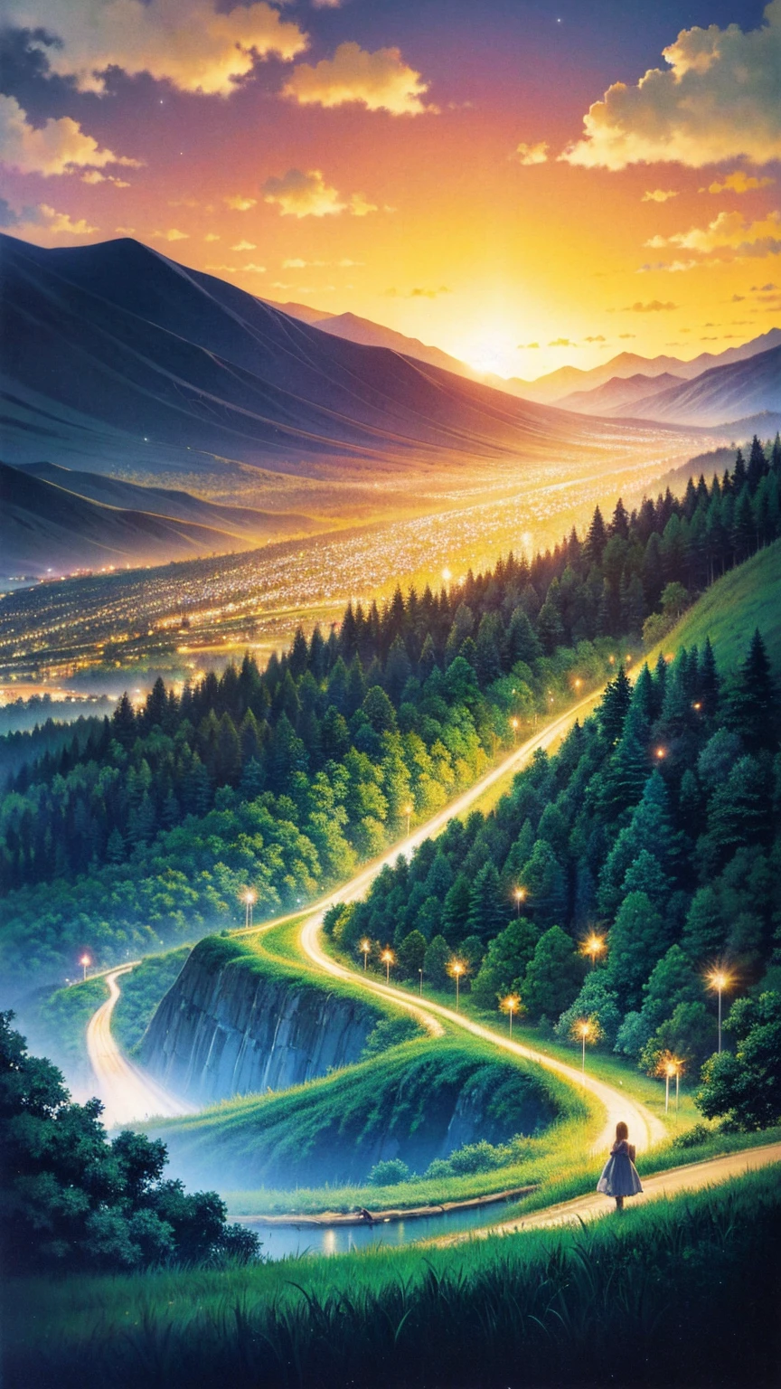 anime-style illustration, A serene landscape featuring a young woman is walking along a path The grassland is filled with glowing flowers, fireflies, and distant mountains under the night sky. illuminated by stars, creating a magical glow, overlooking mountainous valley and the great castle of the kingdom. The scene is depicted in a highly saturated and vibrant style, intense and rich colors vivid. The lush greenery, cascading hills, rendered with strong exaggerated colors that enhance the natural beauty. clear blue sky and distant mountain peaks.