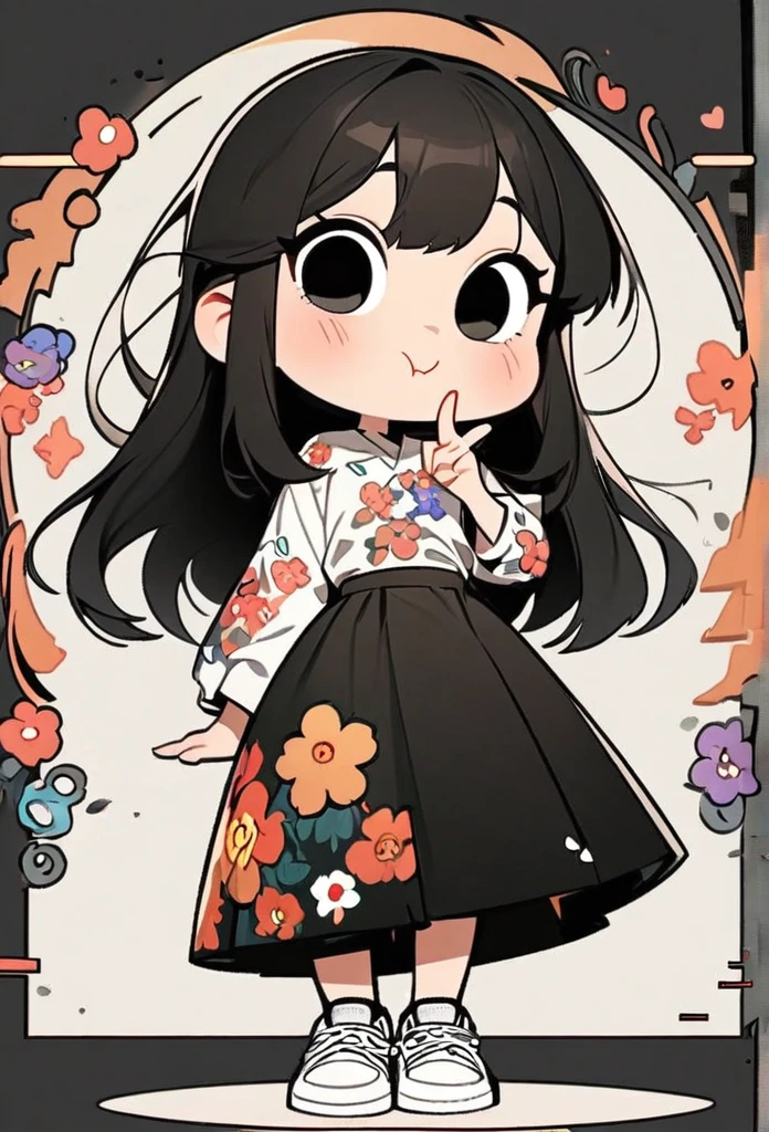 (art, best quality: 1.2), cartoon character design, a young girl with straight black hair, alone, big eyes, cute expression, Korean, making a Korean heart gesture with her fingers, making v with her thumb and index finger crossed, wearing a floral shirt, circular midi skirt, white sneakers, standing, interesting, clean lines, Korean heart