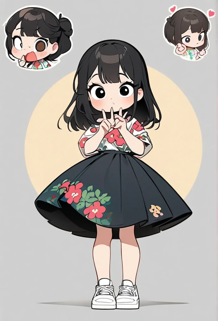 (art, best quality: 1.2), cartoon character design, a young girl with straight black hair, alone, big eyes, cute expression, Korean, making a Korean heart gesture with her fingers, making v with her thumb and index finger crossed, wearing a floral shirt, circular midi skirt, white sneakers, standing, interesting, clean lines, Korean heart