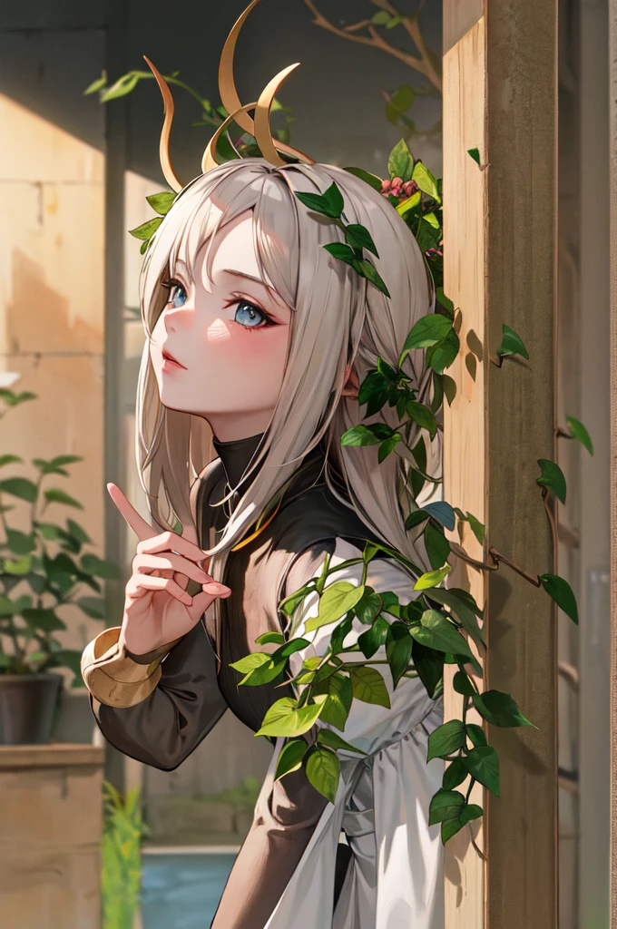 masterpiece, best quality, highres, bbandro, masterpiece, best quality:1.2, yellow medieval summer girl, concept, vines on the hand and horns from vines