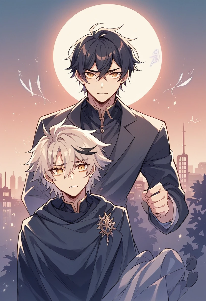 Create a cover for a fantasy romance web novel titled "Wolves of Fate." The cover should feature two central figures: Yoon-woo, an omega with soft, expressive features and dark hair, and Hyun-jin, a dominant alpha wolf with sharp features and a strong presence. The background should blend an urban cityscape with a moonlit forest. Use a dark, moody color palette with highlights of gold and silver. Include subtle wolf pack symbolism and a prominent full moon. The title "Wolves of Fate" should be bold and elegant at the top or center, with the author's name at the bottom in a matching font. Add a mystical aura around Yoon-woo to hint at his transformation ability, and ensure the characters' expressions convey their complex emotions.