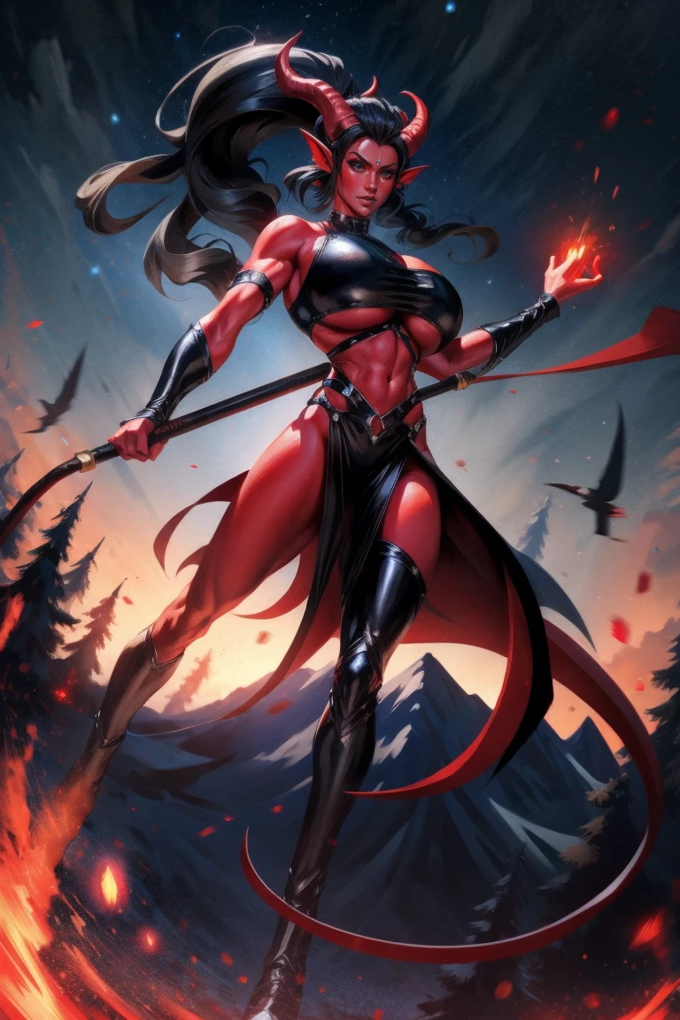 Red skin succubus tiefling, digitigrade legs, full breasts, huge breasts, black horns, wings, huge tail, black leather, crop top, long flowing pelvic curtain, tall, athletic, graceful, thin, long black ponytail. Action scene, whip. Dark scene, explosions, night sky.