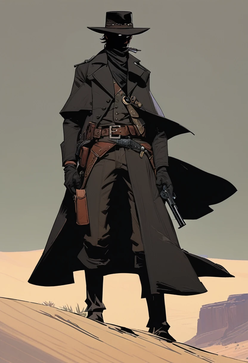 score_9, score_8_up, score_7_up, score_6_up, score_5_up, score_4_up, 1man, Western, Desert, Dark night, arid, Horizon, far away, Wild West, red dead Redemption, cartoon art style, Holstered pistol, ready to draw, black hat, black overcoat, dark, Bandit, old west town, City, bloodborn, Hunter, fromsoftwere, soulslike