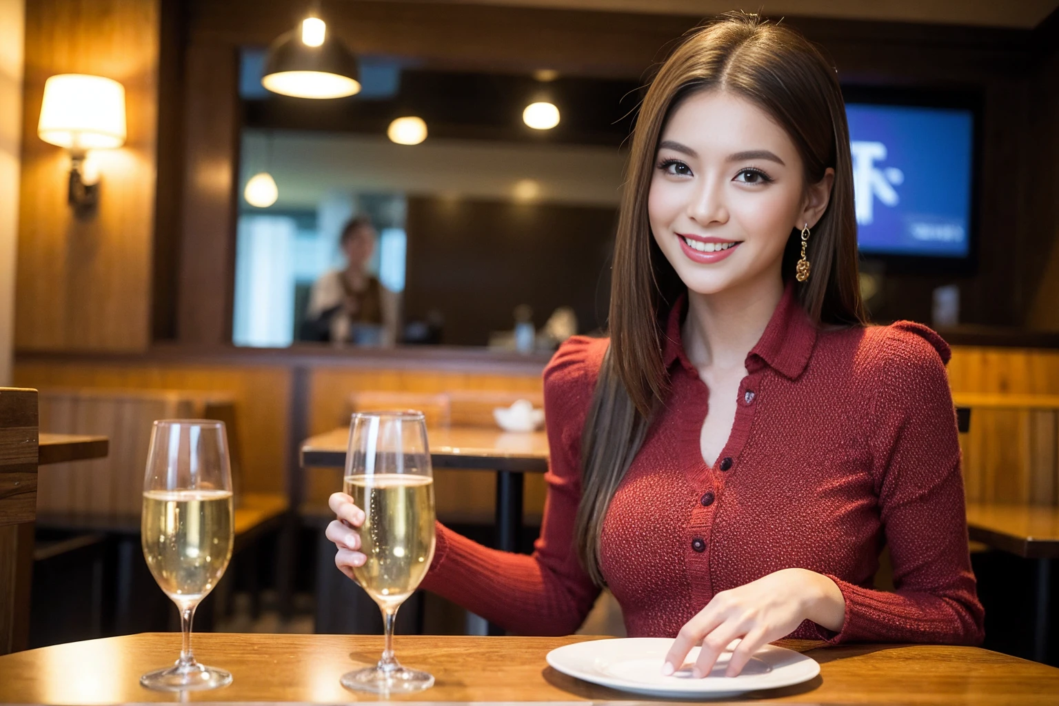((Highest quality、8K、masterpiece:1.3))、cute、slimカップル、modelカップル、actress男優、(Realistic, Intricate details:1.2), full-course dinner、Wine Party、Amazing view of the sunset sky and clouds、A bright smile、short hair,Bright Face、 (Age 45), 42 years old, red wine 、Appetizers、Italian food、Wine bottle、Champagne、sparkling wine、Two beauties、Brown Hair、Shortcuts、Long sleeve shirt、dress、Beautiful woman 1, (slimな顔), (The body is slim), (Brown Hair), (Shortcuts), cheeks turn a little red,Attractive beauty、restaurant, In a prominent place (From the waist up) Nova Frog Style, actress, model, Upper Body, White wine, slim, wine glass, 中央に置かれたwine glass, smile, (smile: 1.15), Beautiful fine grain, Depth f/2,saturation, High Contrast, Strong light and shadow,Moist Body:1.5、3D texture、Delicate eyes、Brown Hair、The hair is very shiny、