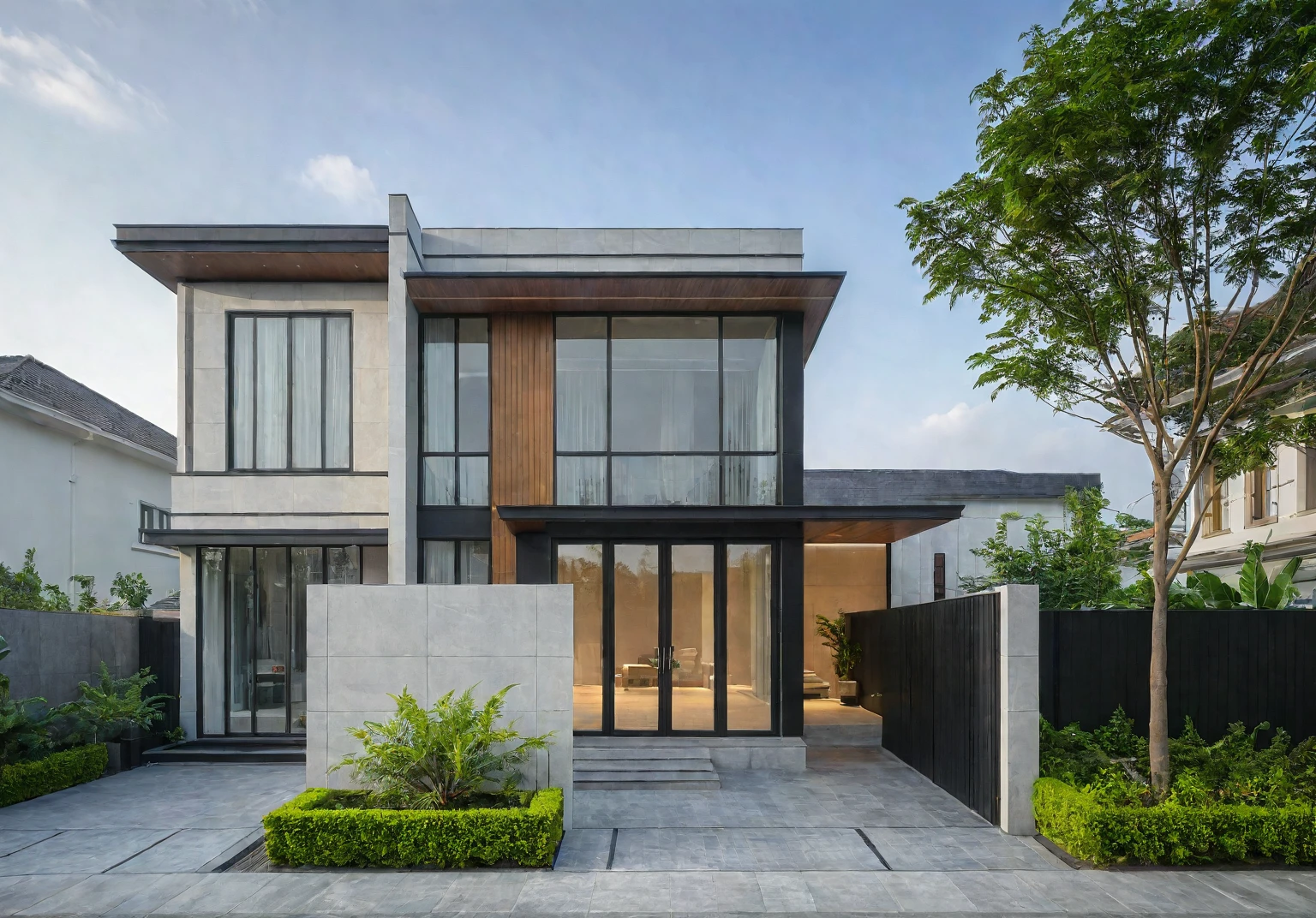 modern villa on street, (daylight), tropical tree, green shrub and plants, vivid color, streetcapes, minimalist design, brigth grey tone, (large glass door:1.2), warm interior lighting, modern material, best quality, ultra realistic, masterpiece, 
