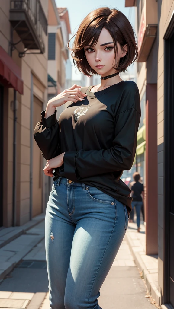 anime character of a woman wearing a black long-sleeved shirt and blue jeans, short brown hair, neck length, green eyes, a digital painting inspired by Tomer Hanuka, trend on pixiv, serial art, heavy gesture style closeup, full body details, wearing casual clothes, anime style, anime style hiper detallado, personaje de anime style, amazing detailed art style, realistic art style, anime style limpio y detallado, anime style moderno, Brown hair
