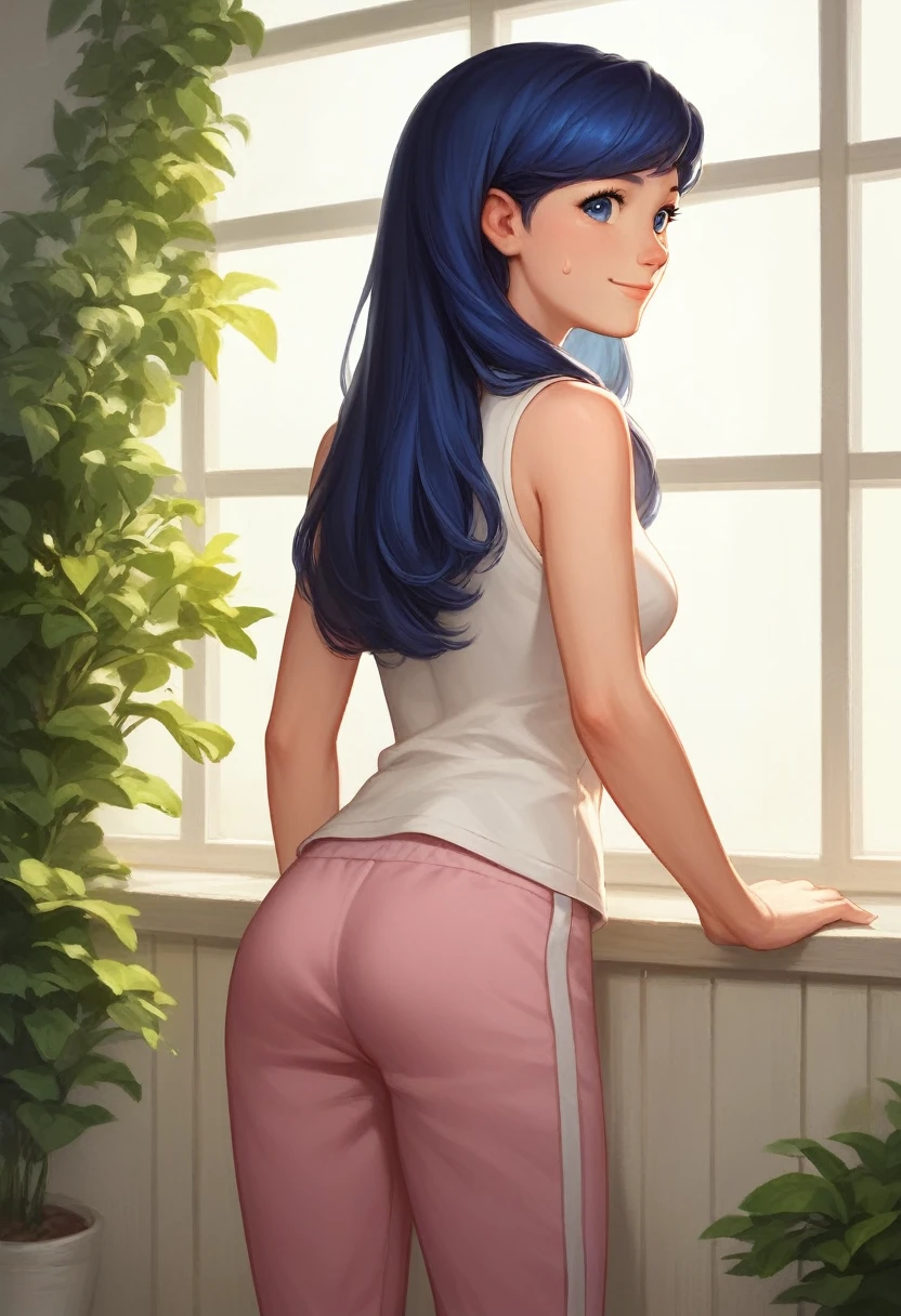 (8k, RAW photo, best quality, masterpiece:1.2), (intricate details), perfect eyes, perfect face, perfect lighting, beautiful, (masterpiece:1.2), (best quality:1.2), 1girl, solo, marinette, blue hair, ((long hair down)), adult torso, , slight smile, medium sized breasts, (white sleeveless shirt, pink sweatpants), cowboy shot, 3DMM from behind