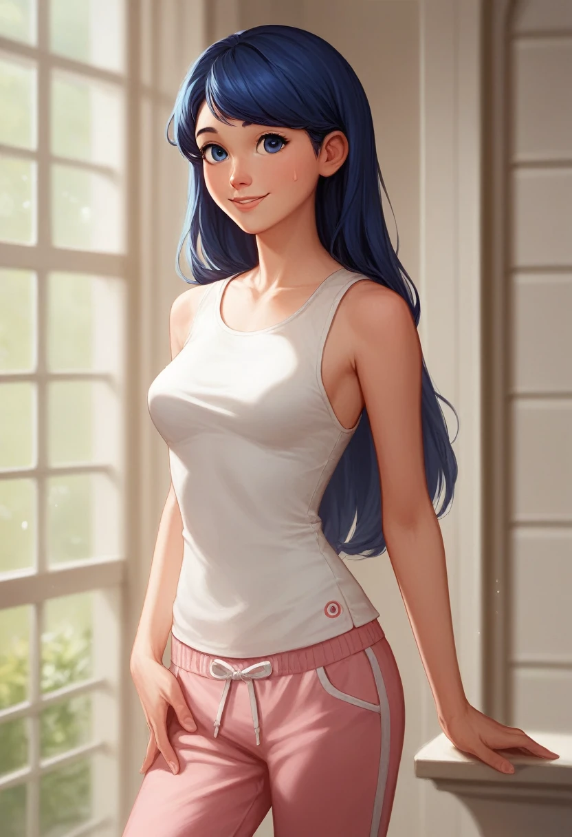 (8k, RAW photo, best quality, masterpiece:1.2), (intricate details), perfect eyes, perfect face, perfect lighting, beautiful, (masterpiece:1.2), (best quality:1.2), 1girl, solo, marinette, blue hair, ((long hair down)), adult torso, 17 years old, slight smile, medium sized breasts, (white sleeveless shirt, pink sweatpants), cowboy shot, 3DMM from behind