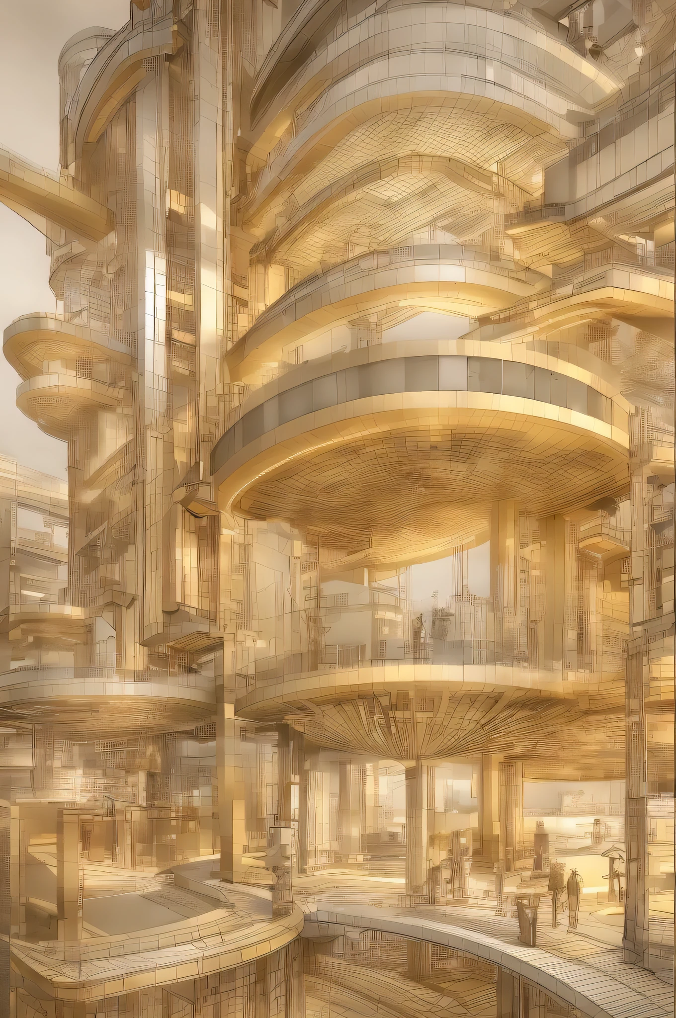 A highly detailed, futuristic architectural sketch of a postmodern human habitat, drawn in a beautiful, mesmerizing golden hue with light gray shadows. The lighting should evoke a sense of grandeur and awe, similar to the given reference image. The design should feature intricate lines and structures, capturing the complexity and beauty of the building. The style should blend advanced technology and elegance, reflecting themes of health, happiness, self-discipline, and technological advancement. Ensure the sketch has visible lines and shading to emphasize its conceptual nature
