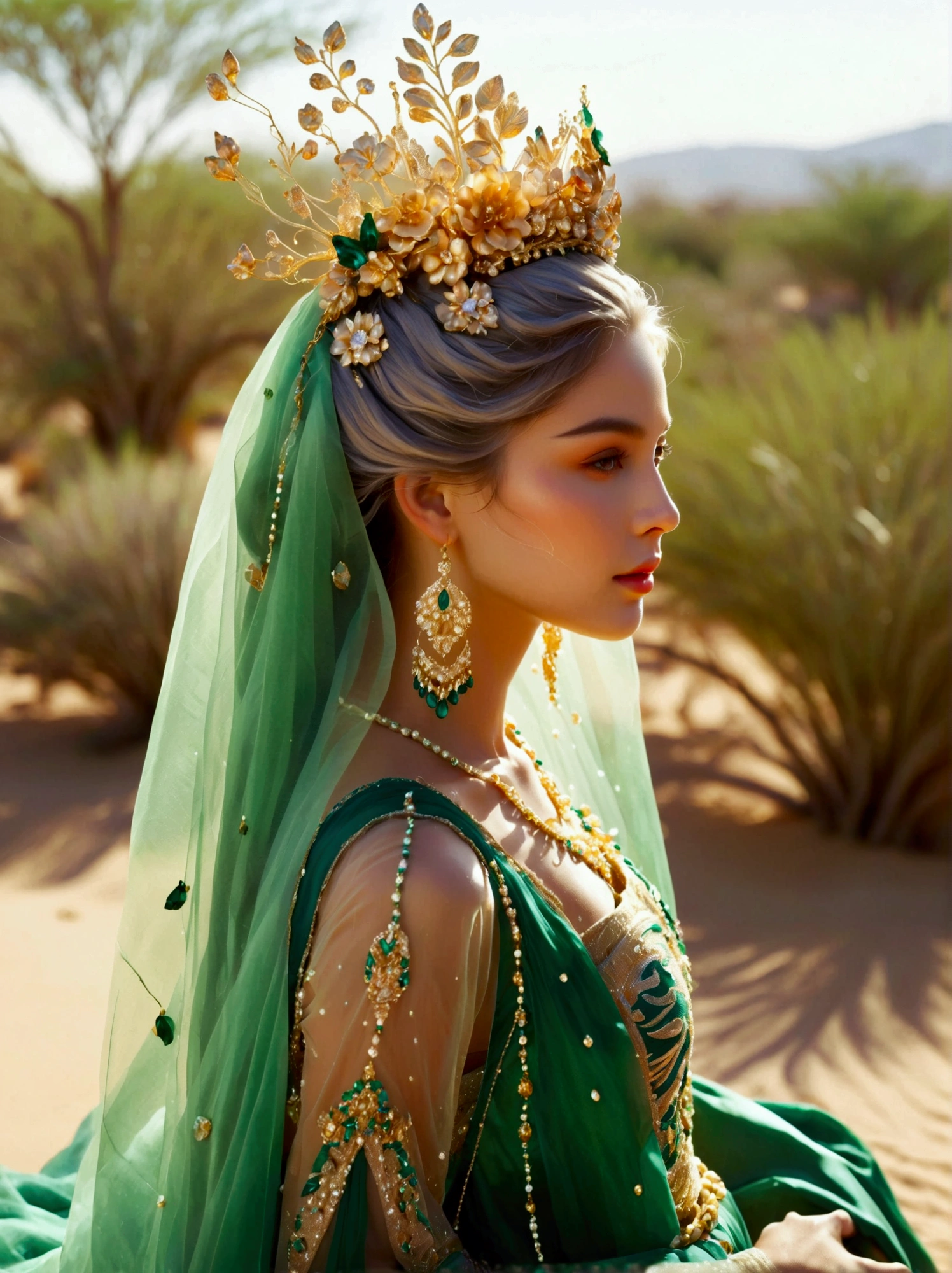 Visualize an image of a woman of unspecified descent causing plants and green vegetation to flourish in a barren desert. The woman's path is clearly distinguished by the lush greenery, signifying that the plants bloom wherever she walks, Everywhere else around her remains a barren desert, She is adorned in a regal emerald and gold gown that evokes the grandeur of wedding couture, but without specific references, Water is flowing gracefully from her dress, A crown of exotic flowers and gleaming jewels adorns her head, Her hair is a spectacle in itself, silver in color and teased by the wind