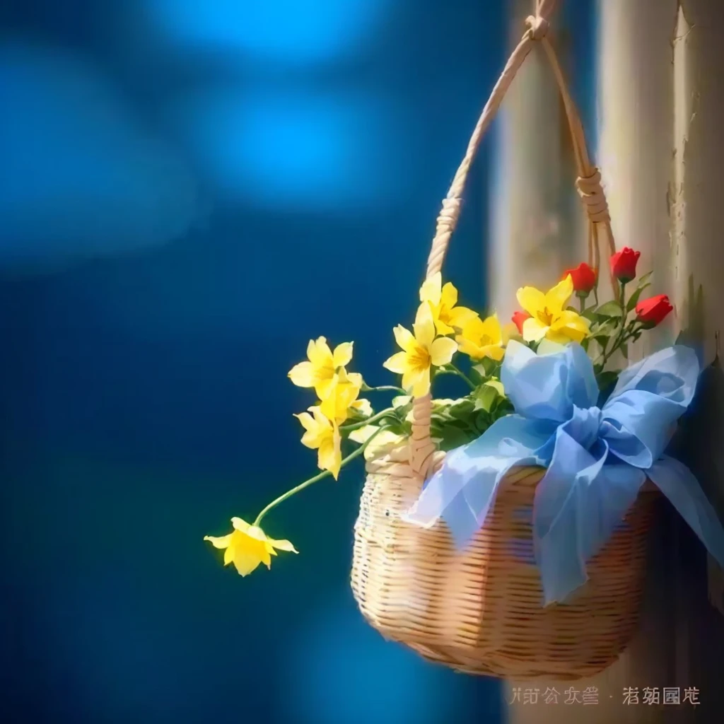 A basket with flowers hangs on the wall, Ghost Festival, Beautiful images, Beautiful composition, Bring flowers, author:Cold plum, blue and yellow theme, yellow and blue coloration, author:Ye Xin, blue and yellow, ❤🔥🍄🌪, Blue and color theme, Very beautiful photos, The colors are beautiful, cute