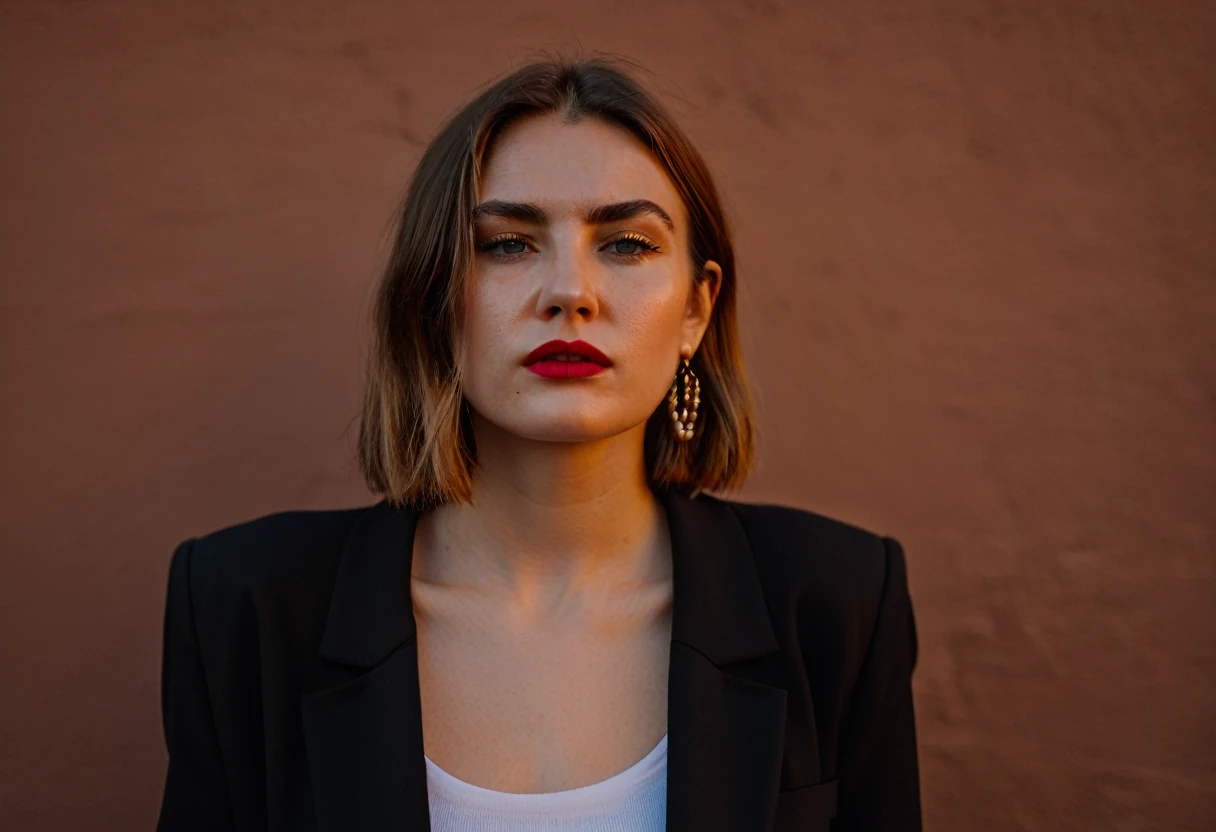 color digital photograph of Lucie Prochazka a woman from czech republic wearing (a black blazer), (a white t-shirt), (black skinny jeans), (black ankle boots), (pearl earrings), (red lipstick), and Slingbacks shoes shot on Nikon Z9 by Denis Karasev, 26 years old, pale skin, (long hair), tiny figure, small breasts, feeling (feeling Hate, Intense, Hostile, Aversion, Anger, Resentment, Disgust, Animosity, Hostility, Loathing, Malice, face: Scowl, Frown, Glare, Narrowed Eyes, Sneer, Lip Curl, Tense Jaw, Raised Eyebrows, Cold Stare, Contempt), at golden hour,full body, masterpiece, natural lighting, (outdoor setting:1.2), warm tones, side lighting, natural skin details, 4k, UHD, masterpiece, detailed eyes, detailed face, detailed skin, perfect hands, perfect feets, photo, high skin detail, moles, imperfect skin, ultra realism, RAW photo, subsurface scattering