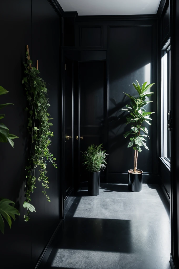 There is a black wall，There is a pot of plants on it, Lacquered glass, Smooth paneling, Vantablack Wall, apartment with Black Wall, Black Wall, empty room with Black Wall, black studio background color, Dark gray wall, Black color scheme, Black vertical slats wood, All black matte product, Dark color scheme, panel of black，Best quality，8K，The picture quality is perfect，Clarity