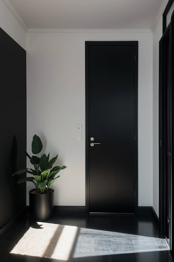 There is a black wall,There is a pot of plants on it, Lacquered glass, Smooth paneling, Vantablack Wall, apartment with Black Wall, Black Wall, empty room with Black Wall, black studio background color, Dark gray wall, Black color scheme, Black vertical slats wood, All black matte product, Dark color scheme, panel of black,Best quality,8K,The picture quality is perfect,Clarity