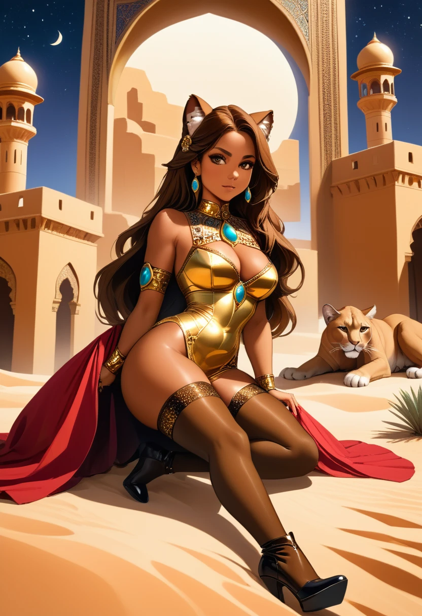 Arafed picture of a desert princess BREAK and her pet cougar in her palace high details, best quality, 16k, f a female human princess and her pet cougar, princess of the desert, full body, ((anatomically correct: 1.5)) ((standing: 1.5)) proudly royalty demeanor, a woman, (best detailed face: 1.5), Ultra Detailed face, wearing royal desert dress, decorated with gems, small cleavage, thigh high intricate leather high heeled boot, thick hair, long hair, brown hair, tan skin intense brown eyes, her desert large cougar lying at her feet, guarding her, an epic fantasy desert palace in an oasis in the background (intricate details, Masterpiece, best quality: 1.5) night, moon light, stars ,Wide-Angle, award winning, best quality, high quality, high details, highres, vibrant, Ultra-high resolution, High Contrast, (masterpiece:1.5), highest quality, Best aesthetics, best details, best quality, highres, ultra wide angle, 16k, [ultra detailed], masterpiece, best quality, chumbasket art style, high heels, thighhighs