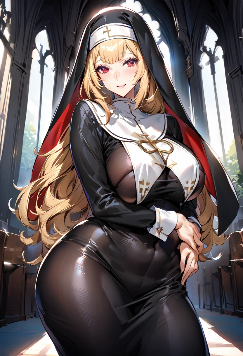 One girl, Blonde, Red eyes, Large Breasts, Wide Hips, Nun costume, A shy smile, Mature Woman, Church Background, Textured skin, Ultra-high resolution, Ultra-high resolution, Ultra-high resolution, Ultra-high resolution, Awards, Attention to detail, Incredible high key lighting and shadows, masterpiece, Great illustrations