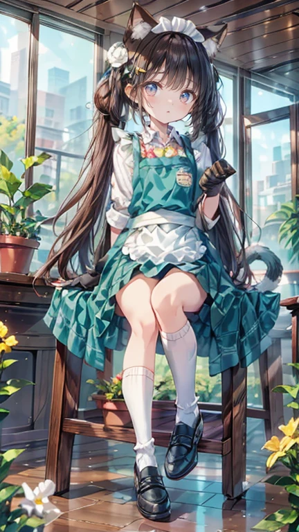 (masterpiece), 1girl, solo, animal, white flower, shirt, animal ears, flower, very long hair, collared shirt, hair bun, socks, long hair, black socks, gloves, green eyes, apron, holding, sitting, hair ornament, blush, parted lips, bangs, looking at viewer, tail, yellow flower, pink footwear, white shirt, animal ear fluff, brown hair, bird, kneehighs, full body, skirt, rose, potted plant, double bun, watering can, hairclip, shoes, grey skirt