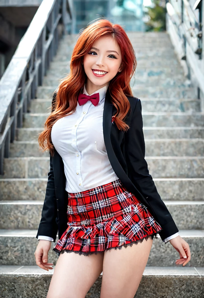 ultra realistic, photography, long red hair, girl, 24 years old, hourglass figure, perfect body, long legs, Flirty look, extremely detailed artgerm, in the style artgerm, small natural cleavage, facing the camera, Nikon z fx, lens 35 mm, blur background, medium breasts, Dynamic Angle, Perfect body, ((red bowtie, , Black jacket, Open jacket, Brown cardigan, White shirt, Black skirt, plaid skirts)), City staircase、Looking up from the bottom of the stairs、Very embarrassing panic smile, turned around、bending forward、(The wind flipped my skirt and exposed my butt.........................、Touching the buttocks with both hands、Pink floral lace panties)、