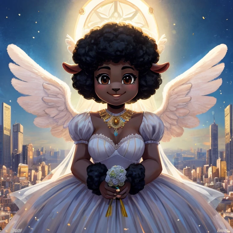 One cute anthro, black sheep woman, anthro black sheep, angel, sheep furry, sheep angel, black sheep, innocent, motherly, androgynous, dark skin, black woman, short afro hair, black hair, ((cartoony)), ((cute)), smiling, cute clothes, modest clothes, adorable, light color scheme, white and gold color scheme, old, elderly woman, cartoony, adorable, sheep tail, brown eyes, angel wings, bustling city, big city, heaven, white buildings, angels, wearing a white wedding dress, wedding dress, vintage wedding dress, cottagecore wedding dress,