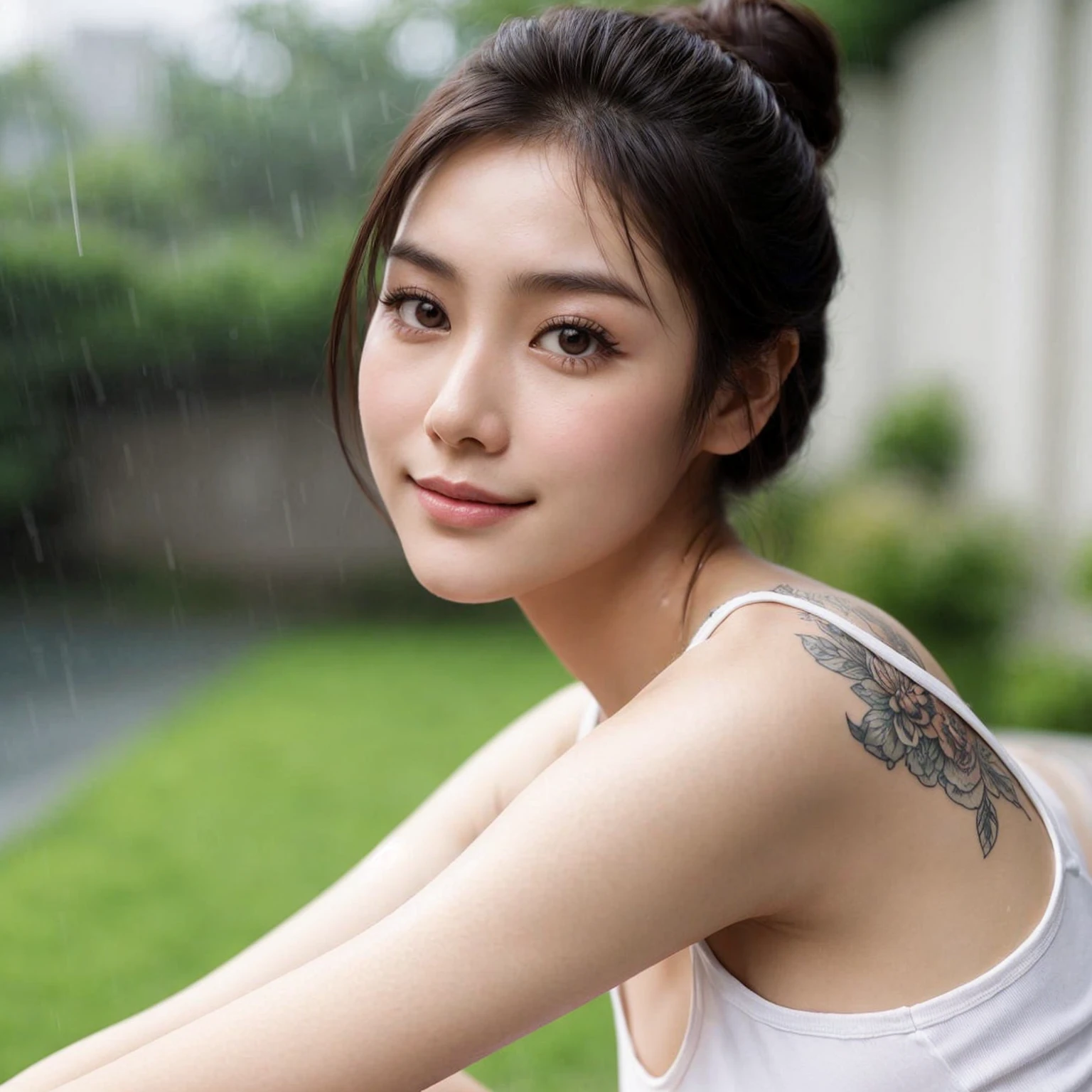 "A young asian woman with a fair complexion is sitting on a garden in a relaxed pose. She is wearing a white tanktop. She has her hair styled in a bun and has a tattoo on her upper left arm. The garden has a soft and neutral color palette. The woman is looking at the camera with a subtle smile. raining.