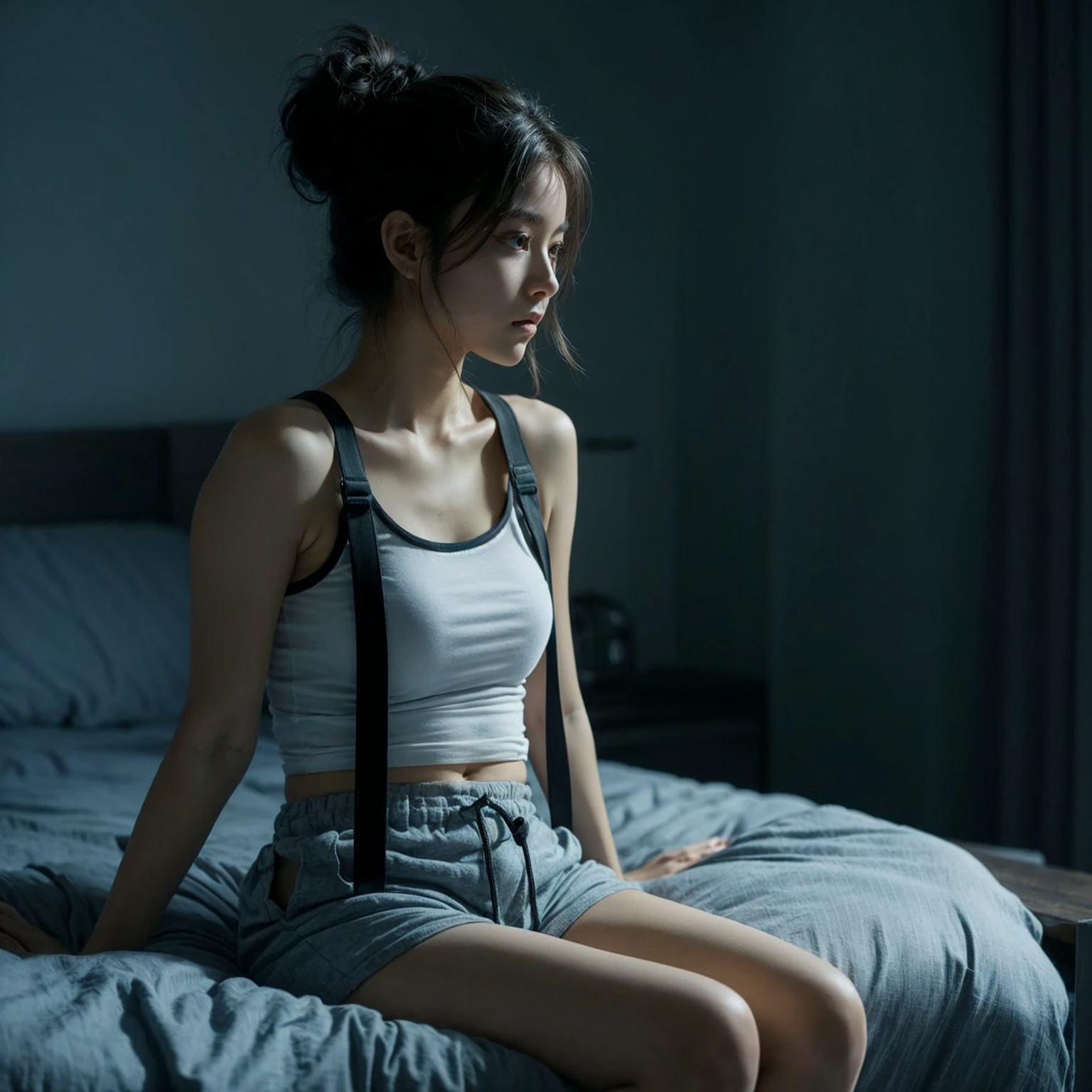 Create a realistic UHD 8K image of a young woman sitting on a bed in a dimly lit room. She is wearing a white tank top with black straps and grey drawstring shorts. Her hair is tied up in a messy bun, and she has a contemplative expression as she looks down. The room has a calm and intimate ambiance, with soft lighting highlighting her profile against a dark background, possibly showing the faint outline of city lights through a window. The setting should evoke a quiet, reflective mood.