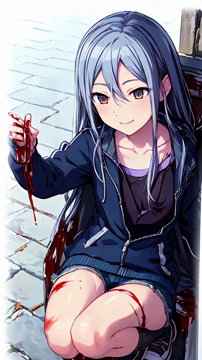 masterpiece, Highest quality, High resolution, Very detailed,(((Blood-stained Yoizaki Kanade))), (((Wrapped in thunder))), (((smile))), Shorts, Outdoor, Low - Angle