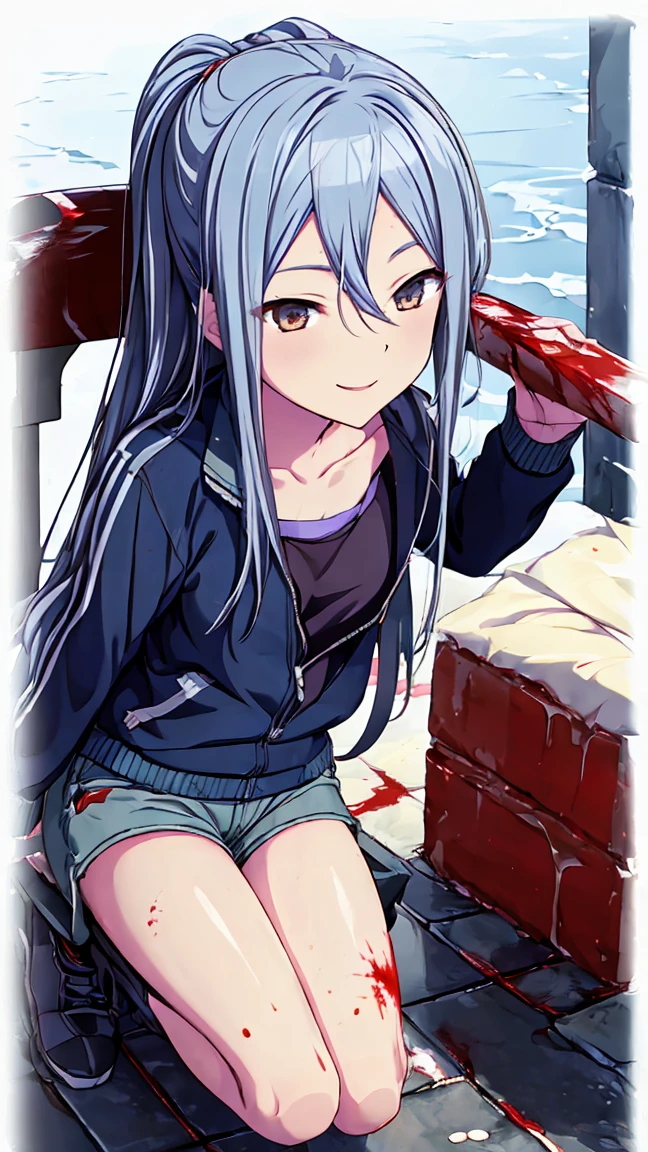 masterpiece, Highest quality, High resolution, Very detailed,(((Blood-stained Yoizaki Kanade))), (((Wrapped in thunder))), (((smile))), Shorts, Outdoor, Low - Angle