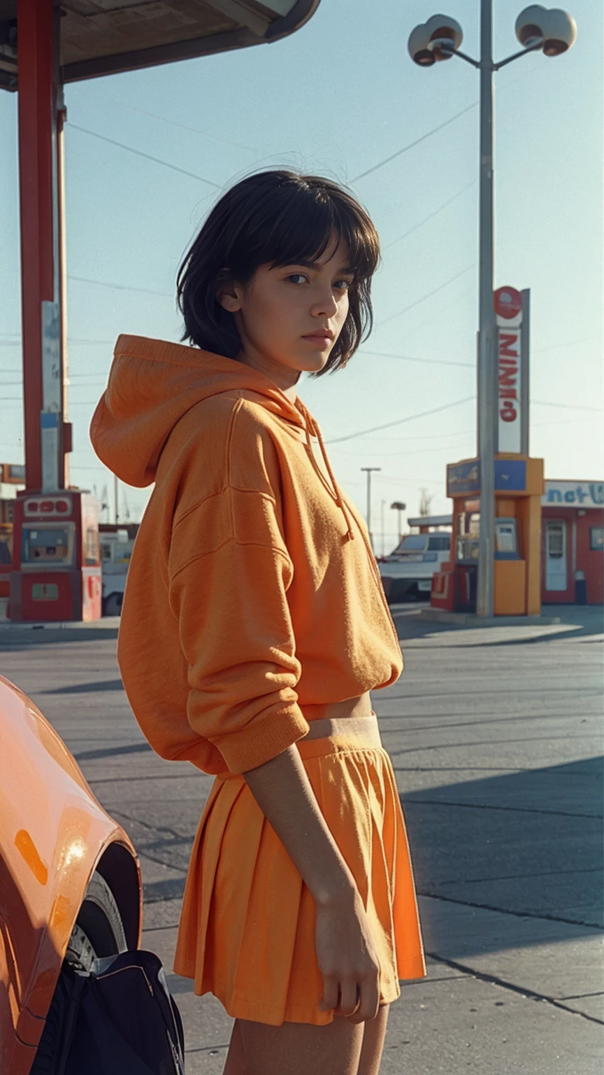 (long shot portrait) of cute 23 yo girl ,wear ((orange color oversized hoodie)), wear ((purple tennis skirt)),looking viewer,Best Quality,Masterpiece,Ultra High Resolution,(Realisticity:1.4),Original Photo, 1Girl, light leak,ultra high resolution,UHD,beautiful, (black bob hair), almond eye, no makeup, in front of ((80's gas station)), (realistic:1.2), (very detailed:1.1), ((masterpiece)),summer, blue sky, palm trees,sunny, los angles vibes,film camera, 800mm lens,style of Philip Lorca diCorcia