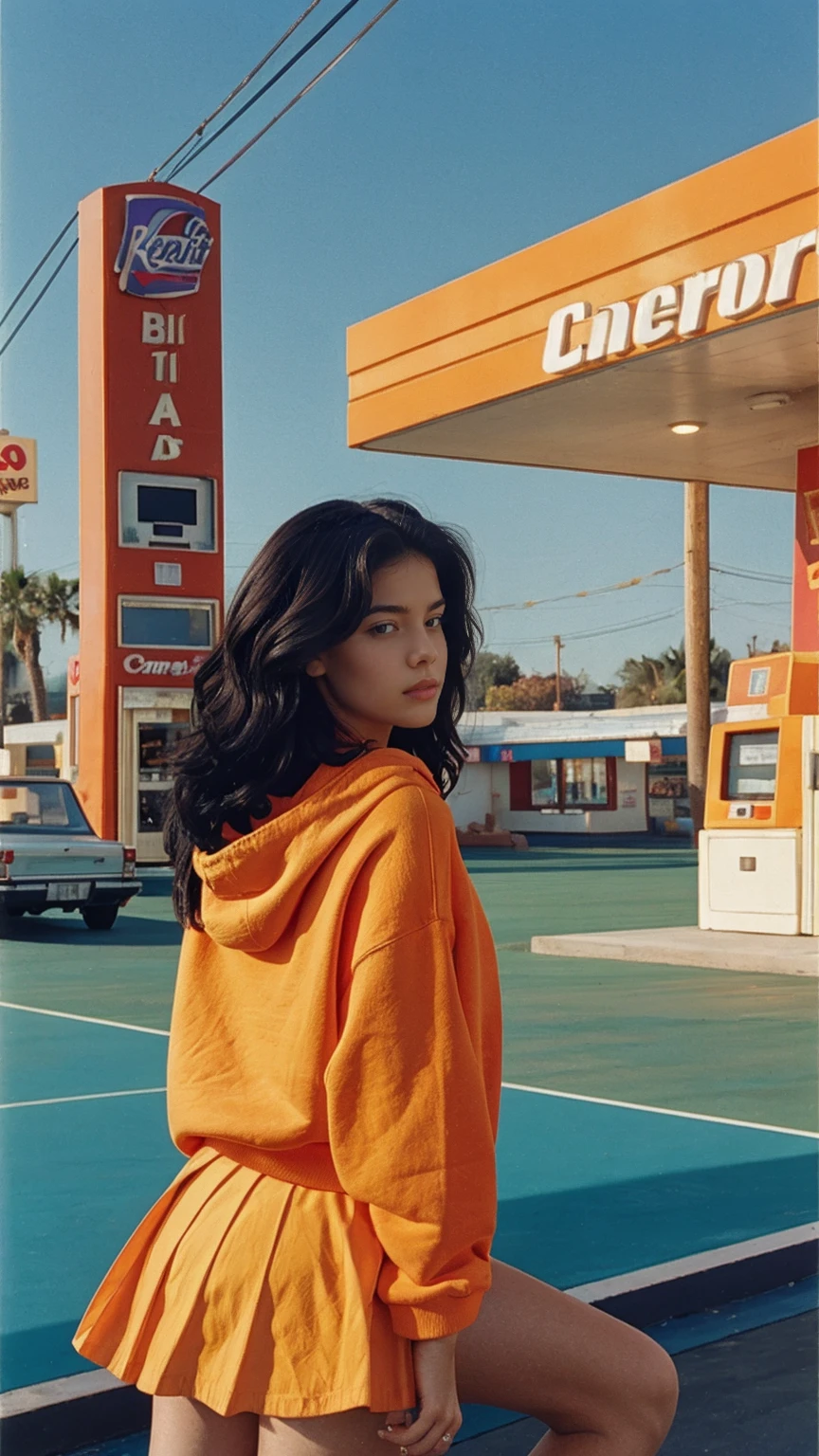 (long shot portrait) of cute 23 yo girl ,wear ((orange color oversized hoodie)), wear ((purple tennis skirt)),looking viewer,Best Quality,Masterpiece,Ultra High Resolution,(Realisticity:1.4),Original Photo, 1Girl, light leak,ultra high resolution,UHD,beautiful, (black bob hair), almond eye, no makeup, in front of ((80's gas station)), (realistic:1.2), (very detailed:1.1), ((masterpiece)),summer, blue sky, palm trees,sunny, los angles vibes,film camera, 800mm lens,style of Philip Lorca diCorcia