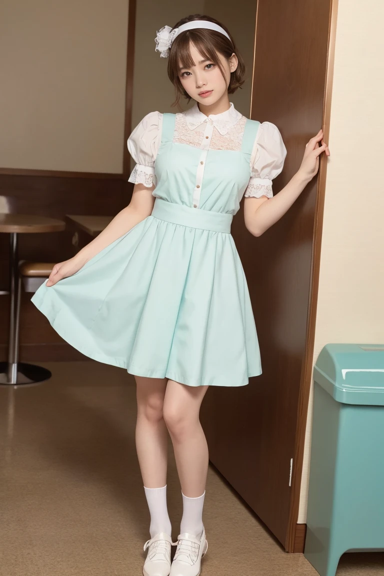 (One woman), short bob, 28 years old, Japanese, brown eyes, brown hair, slim figure, flat chest, flushed, flushed cheeks, flushed face
BREAK
///Fashions 
Retro Diner Waitress Outfit
This outfit is inspired by classic American diners from the 1950s, The waitress dress is a bright pastel color, such as mint green or baby pink, with white piping and accents, The dress is knee-length with a full, flared skirt, creating a fun and playful silhouette, The bodice features a fitted waist, a rounded collar, and short puff sleeves, 
BREAK
A white apron with frilly edges ties around the waist, adorned with a small pocket for holding a notepad and pen, The look is completed with white, lace-trimmed ankle socks and comfortable, low-heeled, Mary Jane shoes, accessorized with a matching headband or hair scarf,
BREAK
