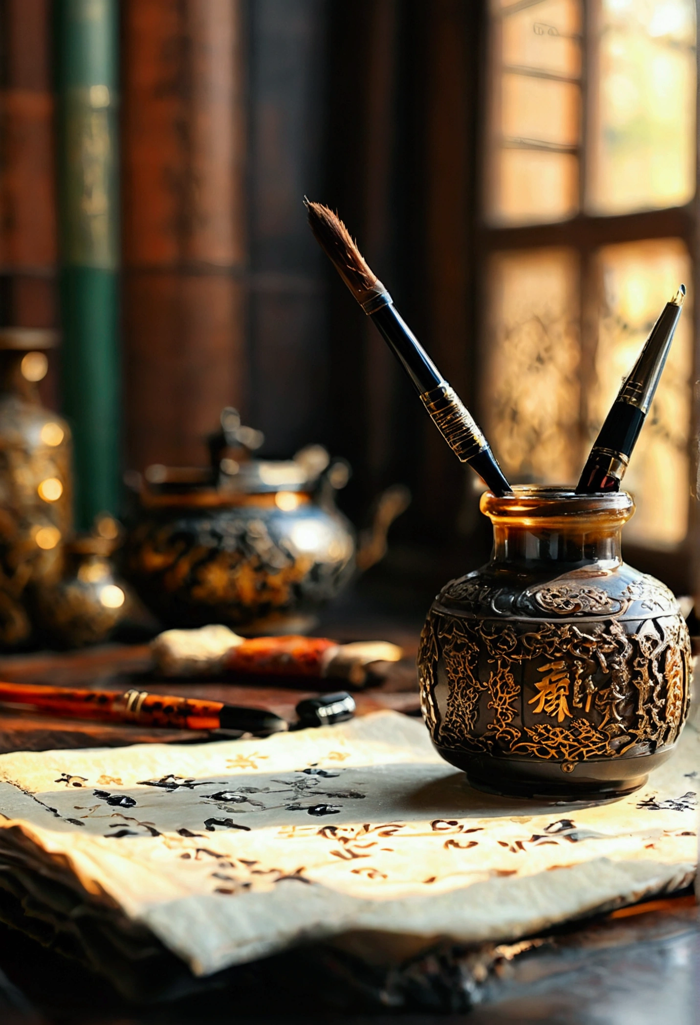 An old calligrapher sitting in his study, Focus, Holding a brush in right hand, There is a simple pen on the table, ink, Paper, ink, ink, Chinese