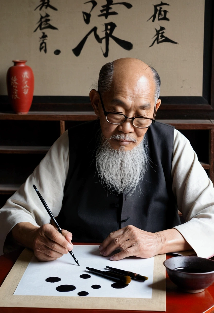 An old calligrapher sitting in his study, Focus, Holding a brush in right hand, There is a simple pen on the table, ink, Paper, ink, ink, Chinese