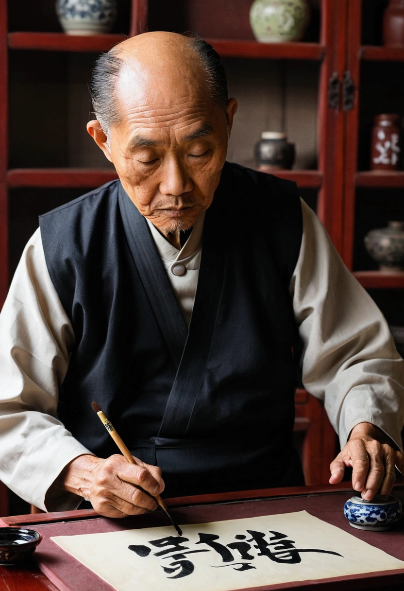 An old calligrapher sitting in his study, Focus, Holding a brush in right hand, There is a simple pen on the table, ink, Paper, ink, ink, Chinese