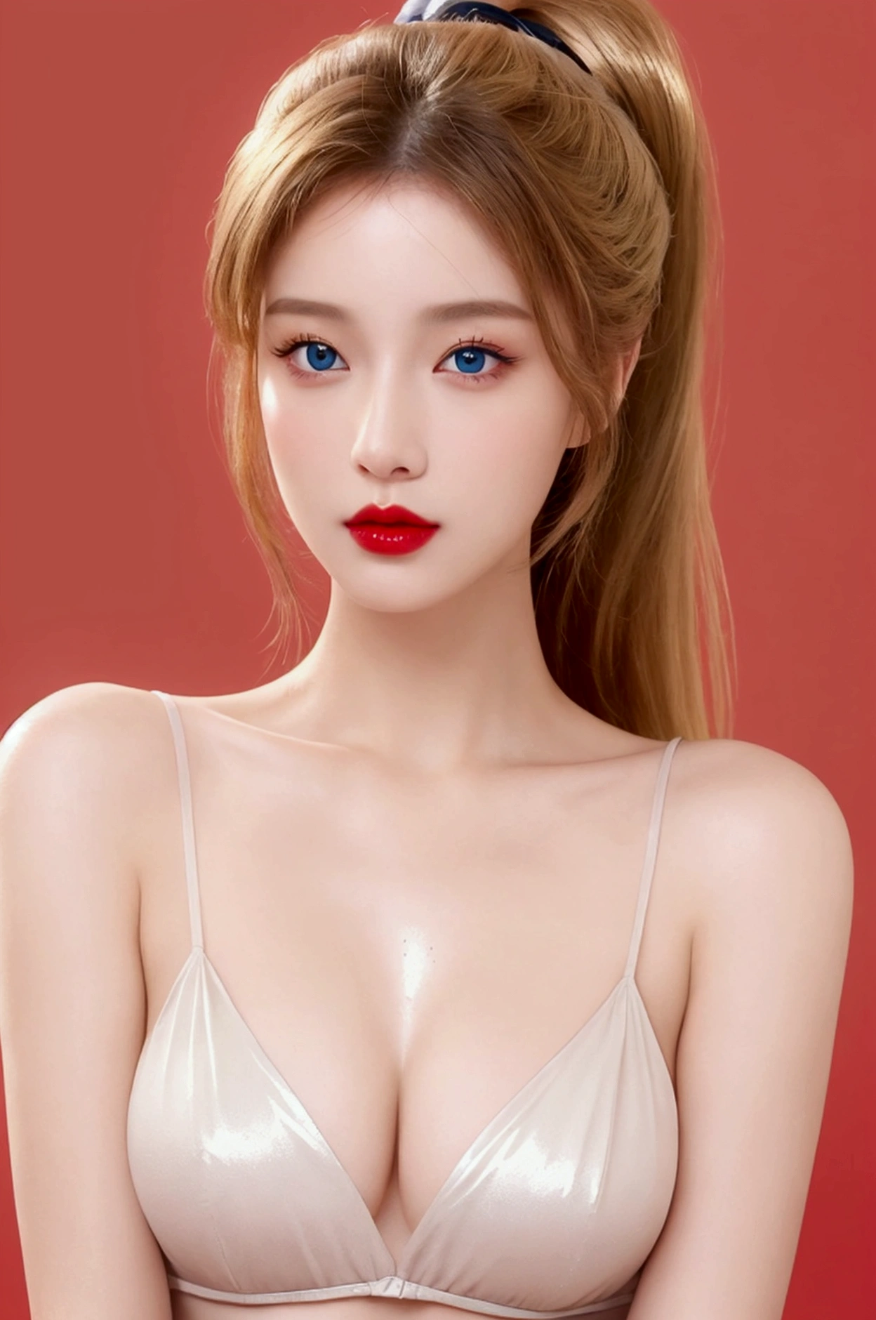 An unrivalled masterpiece, Ultra-realistic 8K CG, perfect work of art, ((Perfect female image)), Mature woman, thin waist, Tempting, Clean, pretty face, {Extremely beautiful} , 8k wallpaper, {{{masterpiece}} }, 1 girl, blond, blue eyes, ponytail, , jewelry, Lips, Lipstick, long hair, look at bystanders, cosmetics, Lips, red Lips, Simple background, alone, Upper Body, (shiny skin),