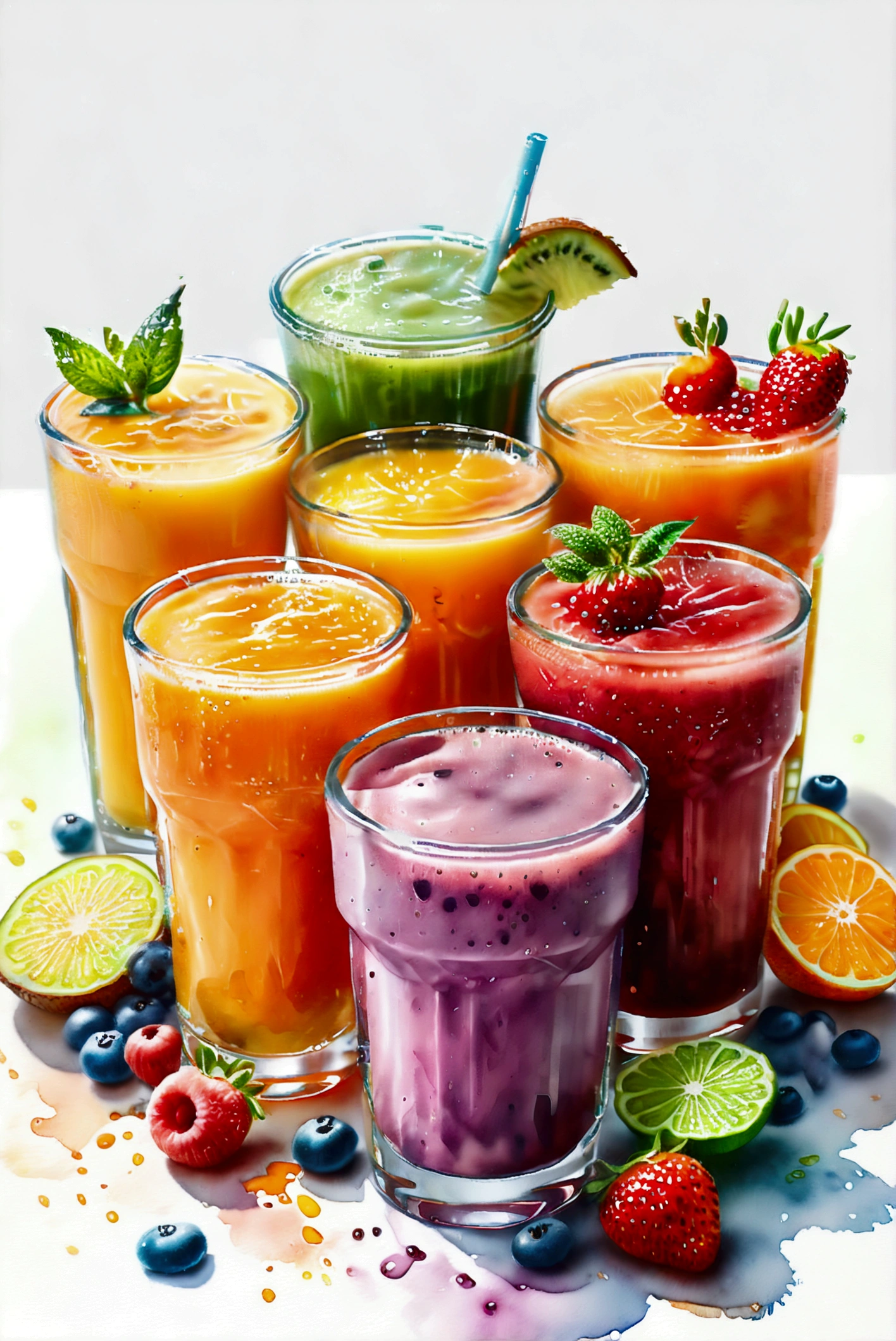 there are many types of colorful healthy drinks served in glasses, the glasses sitting on a surface, juices, smoothie and infused water , illustration, isolated with solid white background, surrounded with negative space, centered composition, highest detailed painting, very precise line, Isolated, clear solid white background, perspective angle of view, ((watercolor:1.5)), (lora:add-detail-xl:1), (masterpiece), (best quality), no bread on the floor, washed out color, (ghibli)